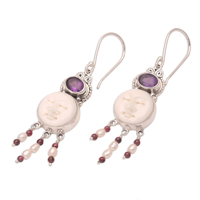 Amethyst and pearl dangle earrings, 'Moon Prince' - Amethyst and Pearl Chandelier Earrings