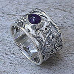 Sterling Silver and Amethyst Band Ring, 'Dragon Guardian'