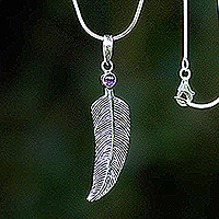 Amethyst pendant necklace, 'Light as a Feather' - Silver Necklace Featuring Amethysts and a Silver Feather