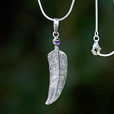 Amethyst pendant necklace, 'Light as a Feather' - Sterling Silver and Amethyst Pendant Necklace