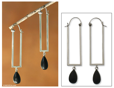 Ebony and silver dangle earrings, 'Lucky Horseshoe' - Modern Ebony Wood Dangle Earrings
