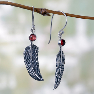 Garnet dangle earrings, 'Light as a Feather' - Animal Themed Garnet Sterling Silver Earrings