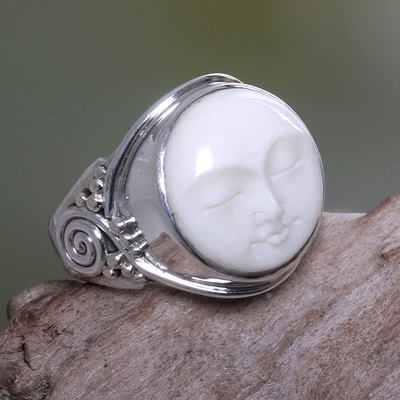 Bone ring, 'Face of the Moon' - Hand Crafted Sterling Silver and Cow Bone Cocktail Ring