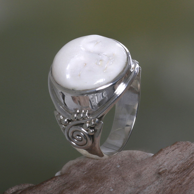 Bone ring, 'Face of the Moon' - Hand Crafted Sterling Silver and Bone Cocktail Ring