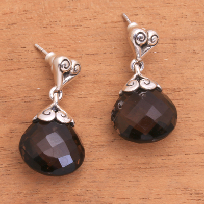 Smoky quartz dangle earrings, 'Smoky Briolette' - Heart Shaped Smoky Quartz Sterling Silver Earrings