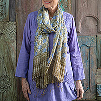 Silk batik shawl, 'Blue Floral Stars' - Floral Batik Silk Shawl 
