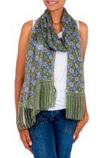 Silk batik shawl, 'Blue Floral Stars' - Indonesian Floral Silk Shawl