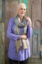 Silk batik shawl, 'Blue Floral Stars' - Indonesian Floral Silk Shawl