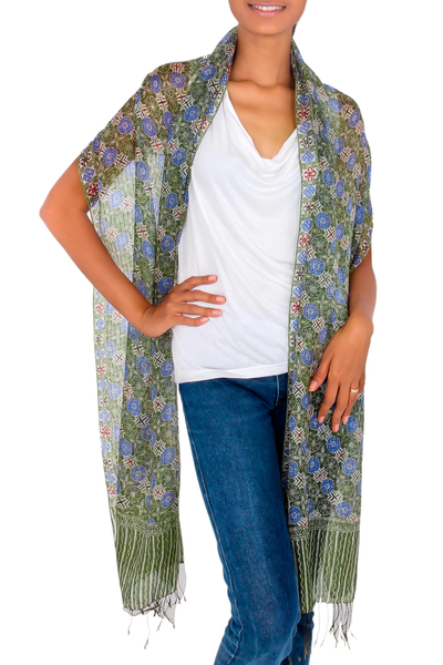 Silk batik shawl, 'Blue Floral Stars' - Indonesian Floral Silk Shawl