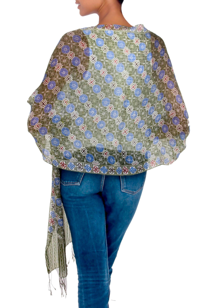 Silk batik shawl, 'Blue Floral Stars' - Indonesian Floral Silk Shawl