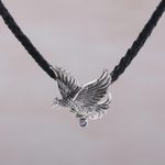 Men's amethyst necklace, 'Hawk' - Men's Sterling Silver and Leather Pendant Necklace