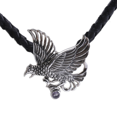 Men's amethyst necklace, 'Hawk' - Men's Sterling Silver and Leather Pendant Necklace