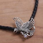 Men's amethyst necklace, 'Hawk' - Men's Sterling Silver and Leather Pendant Necklace