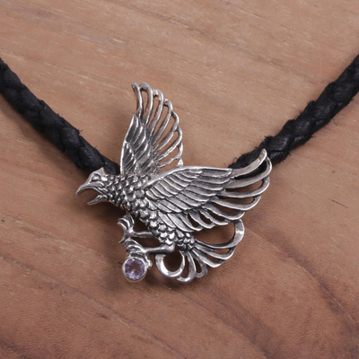Men's amethyst necklace, 'Hawk' - Men's Sterling Silver and Leather Pendant Necklace
