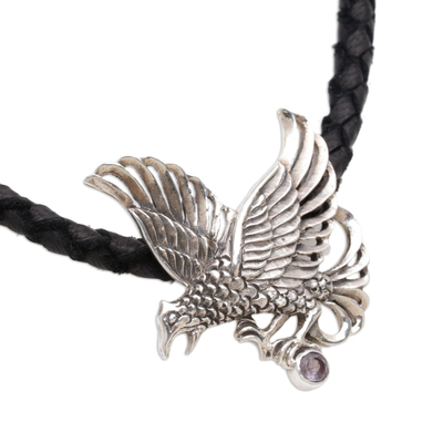 Herren-Amethyst-Halskette „Hawk“ - Herren-Halskette mit Anhänger aus Sterlingsilber und Leder