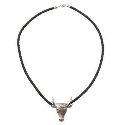 Men's leather necklace, 'Longhorn' - Men's Hand Made Leather and Sterling Silver Necklace