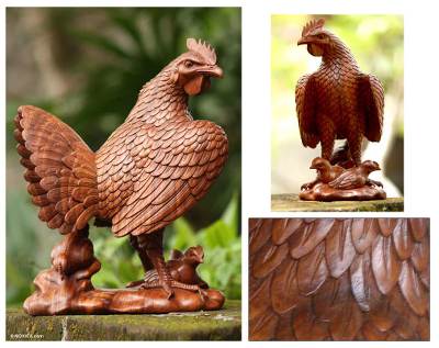 Wood sculpture, 'Mamma Hen and Chicks' - Wood sculpture