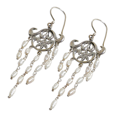 Pearl chandelier earrings, 'White Rain' - Pearl chandelier earrings