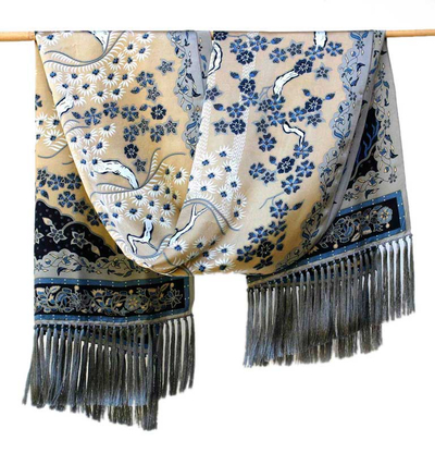 Silk batik shawl, 'Golden Blue Garden' - Hand Made Floral Silk Shawl