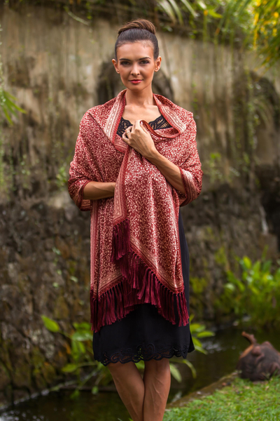 Silk batik shawl 'Wild Russet Garden' - Russet and Buff Hand Stamped Silk Batik Shawl from Bali