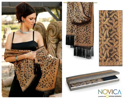 Silk batik shawl, 'Golden Fern' - Handmade Silk Batik Shawl from Indonesia