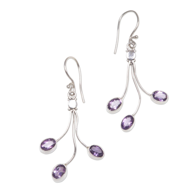 Amethyst flower earrings, 'Lilac Leaves' - Indonesian Amethyst Sterling Silver Dangle Earrings