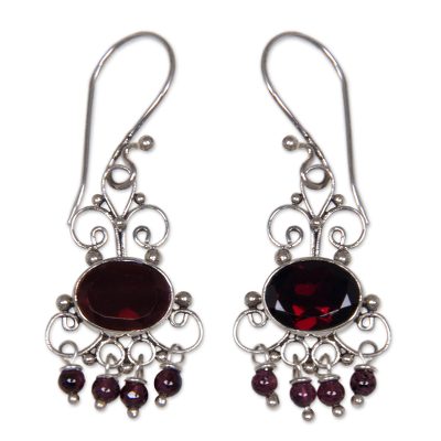 Garnet dangle earrings, 'Crown Princess' - Sterling Silver Garnet Chandelier Earrings