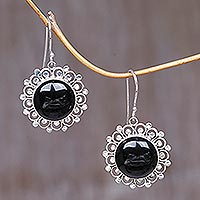 Onyx dangle earrings, 'Halo' - Floral Sterling Silver Onyx Dangle Earrings