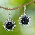 Onyx dangle earrings, 'Halo' - Floral Sterling Silver Onyx Dangle Earrings