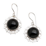 Onyx dangle earrings, 'Halo' - Floral Sterling Silver Onyx Dangle Earrings