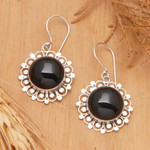 Onyx dangle earrings, 'Halo' - Floral Sterling Silver Onyx Dangle Earrings