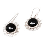 Onyx dangle earrings, 'Halo' - Floral Sterling Silver Onyx Dangle Earrings