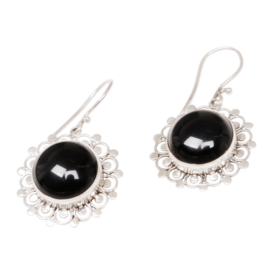 Onyx dangle earrings, 'Lacy Halo' - Floral Sterling Silver Onyx Dangle Earrings
