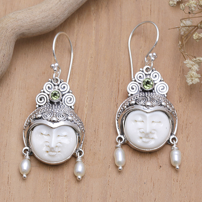 Pearl and peridot dangle earrings, 'Day Dreamers' - Pearl and Peridot Carved Bone Earrings