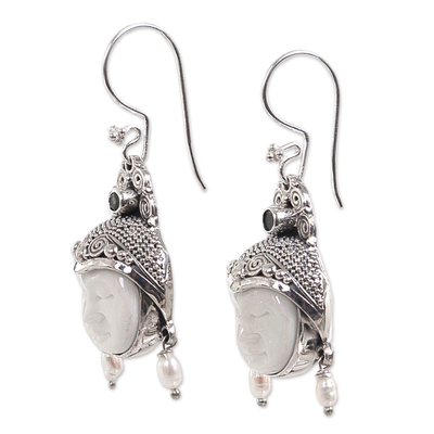 Pearl and peridot dangle earrings, 'Day Dreamers' - Pearl and Peridot Carved Bone Earrings