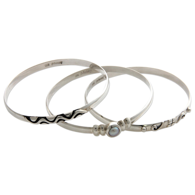 Pearl bangle bracelets, 'Java Trio' (set of 3) - Sterling Silver Pearl Bangle Bracelets (Set of 3)