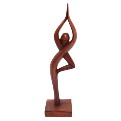 Wood statuette, 'Prayer' - Suar Wood Sculpture