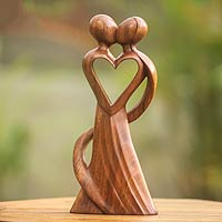 Wood statuette, 'My Heart and Yours' - Hand Carved Wood Statue of a Loving Kiss 