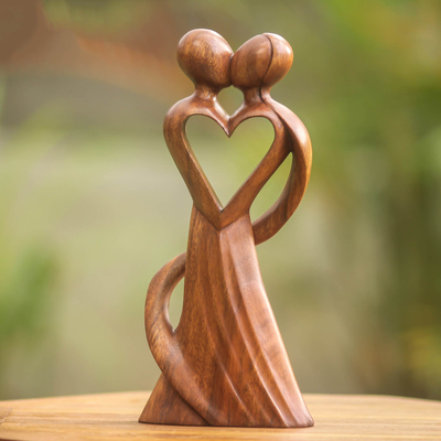 Wood statuette, 'My Heart and Yours' - Original Wood Sculpture Hand Carved in Indonesia