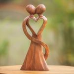 Wood statuette, 'My Heart and Yours' - Original Wood Sculpture Hand Carved in Indonesia