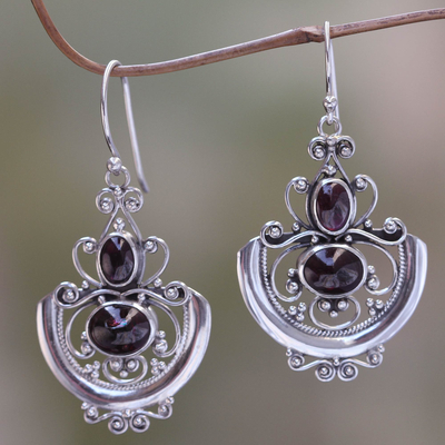 Garnet dangle earrings, 'Arabesques' - Sterling Silver Garnet Dangle Earrings