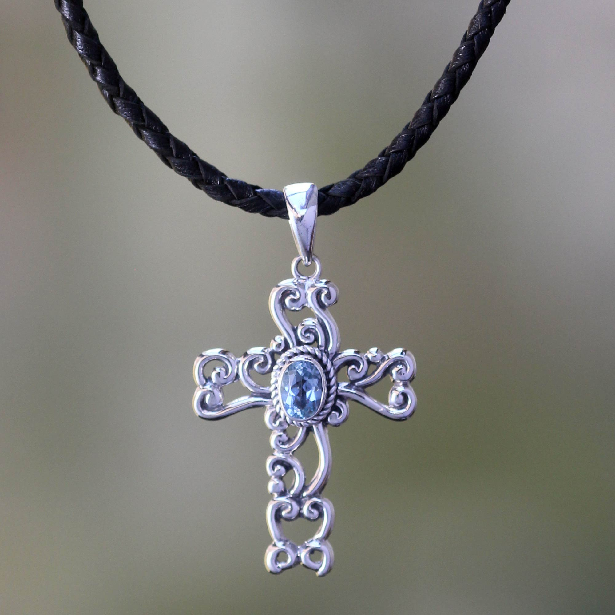 NOVICA .925 Sterling Silver and Garnet Cross Pendant Necklace with Leather Cord 18,Balinese Cross