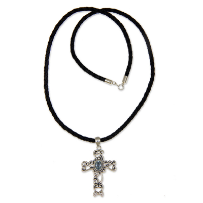 Topaz cross necklace, 'Balinese Cross' - Unique Indonesian Sterling Silver and Blue Topaz Necklace