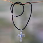Topaz cross necklace, 'Balinese Cross' - Unique Indonesian Sterling Silver and Blue Topaz Necklace