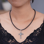 Topaz cross necklace, 'Balinese Cross' - Unique Indonesian Sterling Silver and Blue Topaz Necklace