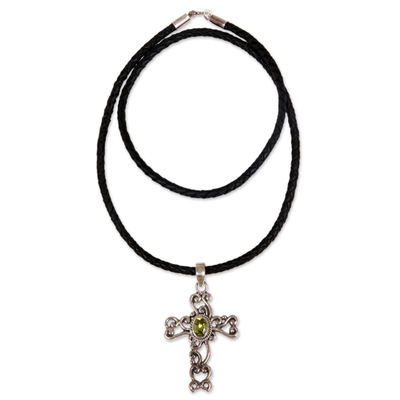 Peridot cross necklace, 'Balinese Cross' - Handmade Religious Peridot Necklace