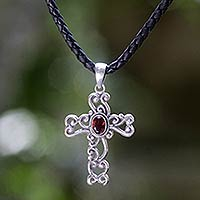 Garnet cross necklace, 'Balinese Cross' - Sterling Silver and Garnet Religious Necklace