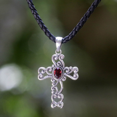 Garnet cross necklace, Balinese Cross