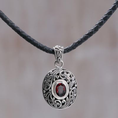 Leather and garnet pendant necklace, 'Wild Beauty' - Unique Garnet and Silver Pendant Necklace