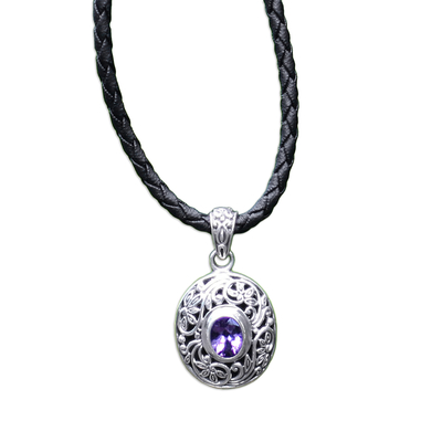 Leather and amethyst pendant necklace, 'Wild Beauty' - Hand Made Silver and Amethyst Necklace